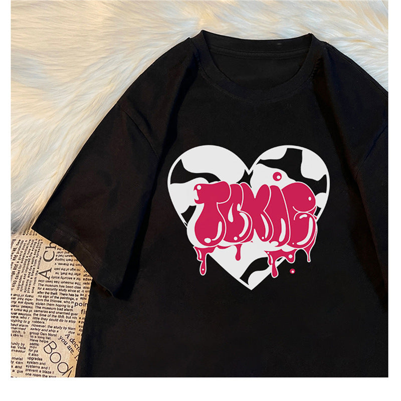 Womens Loose-Fit Heart-Print Short-Sleeve Top
