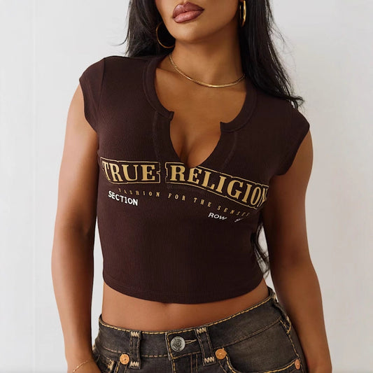 Cropped Slim-fit Letter-print Midriff-baring T-shirt For Women
