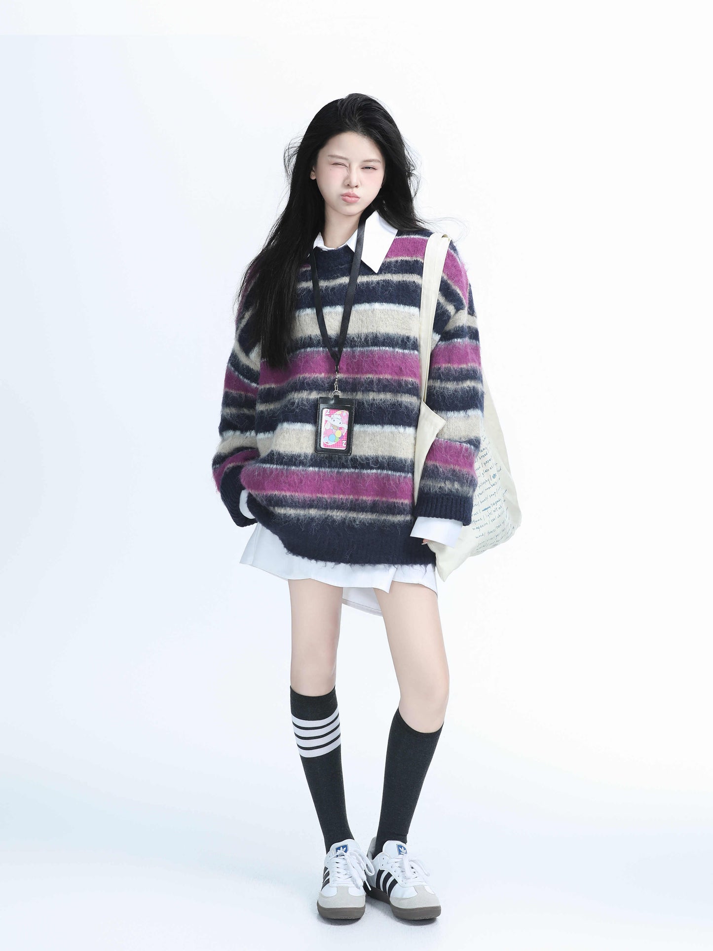 Original American Retro Contrast Color Striped Knitted Sweater For Women