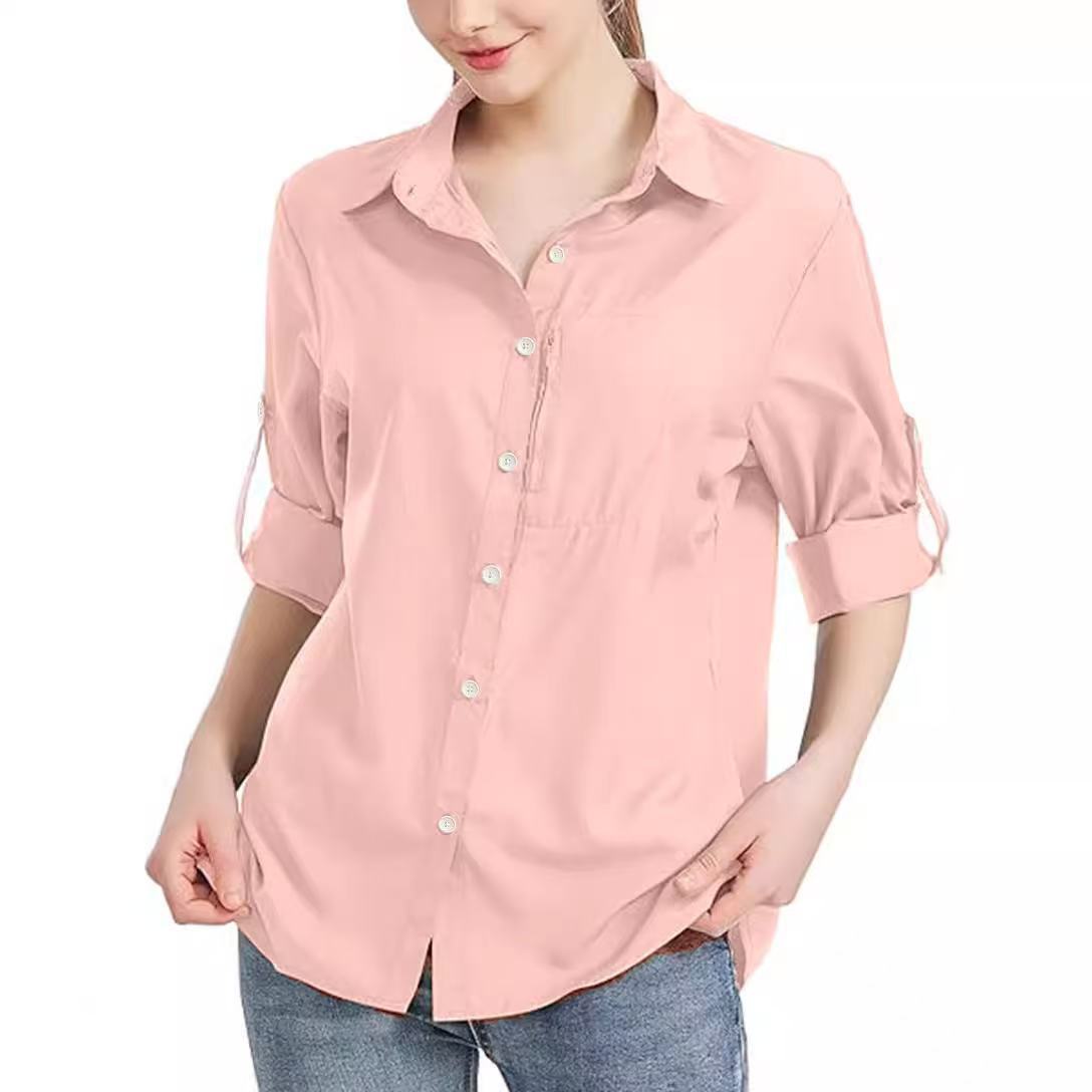 Women's Solid Color Business Lapel Zipper Pocket Long Sleeve Shirt