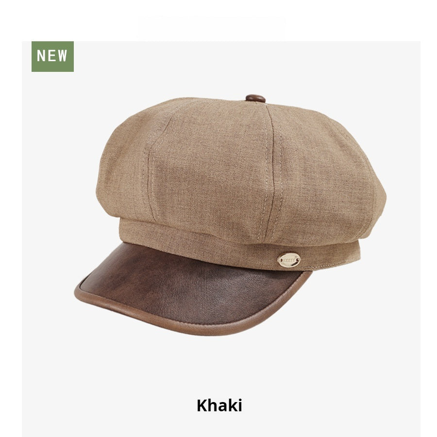 Cotton And Linen Octagonal Cap Artistic Stitching Leather Brim Big Head Suitable