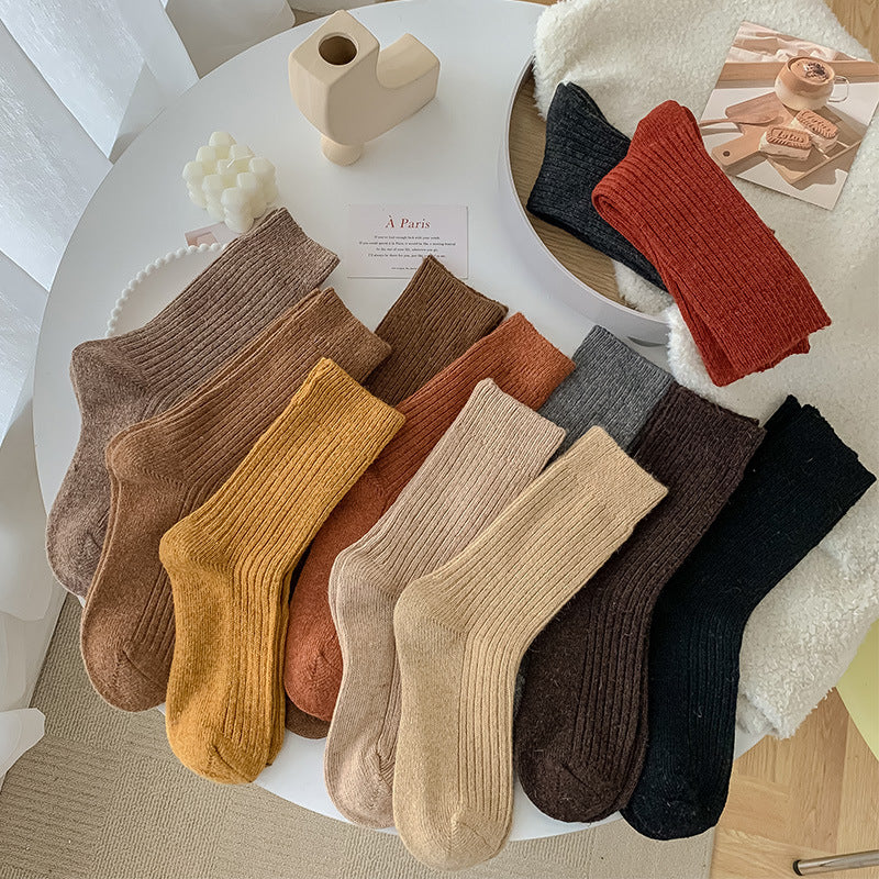 Solid-color Vertical-striped Wool Womens Socks For Fall And Winter