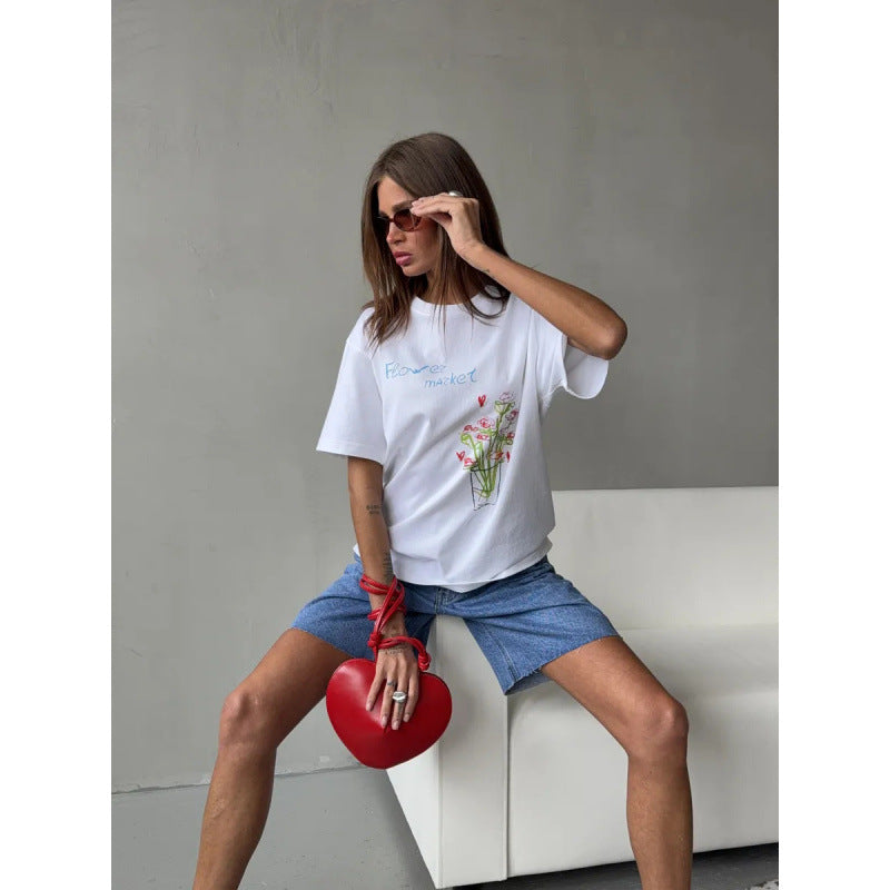 All-match Commuter-friendly Cotton Short-sleeve Top With A Printed Design