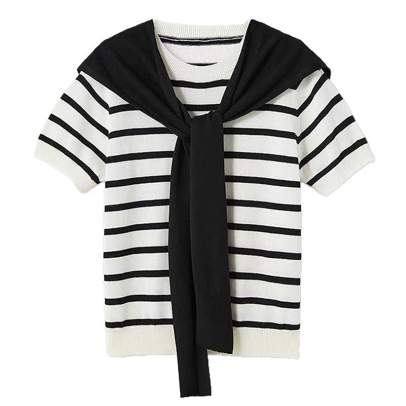 Women's Shawl Contrast Color Striped Short Sleeve Knitted