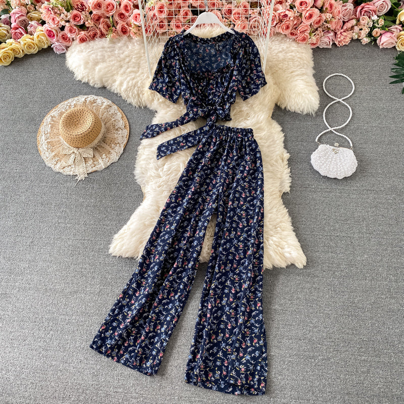 Temperament Retro Waist Short Floral Square Neck Chiffon Shirt