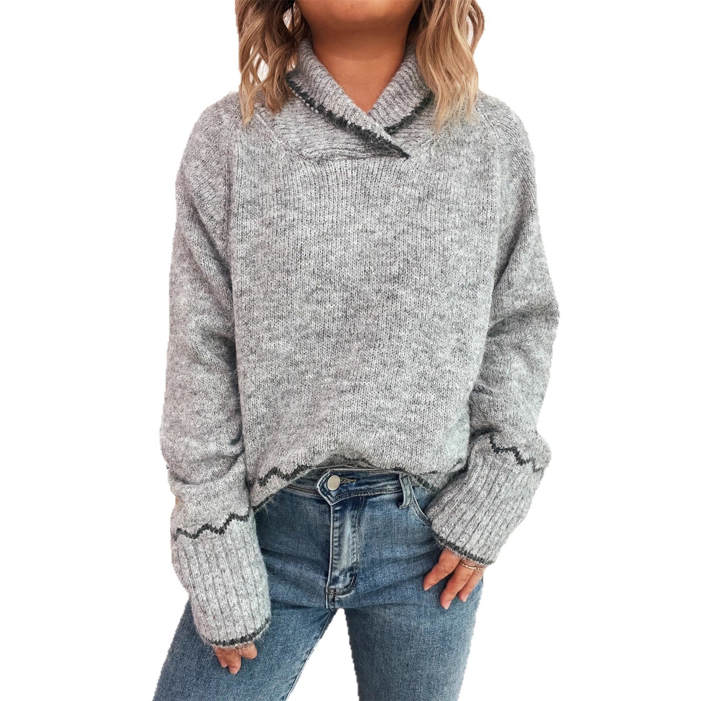 Simple Commute Half Turtleneck Lapel Contrast Color Knitted Pullover Sweater