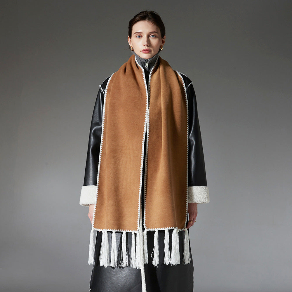 New Double-faced Woolen Goods Tassel Solid Color Scarf Lengthened