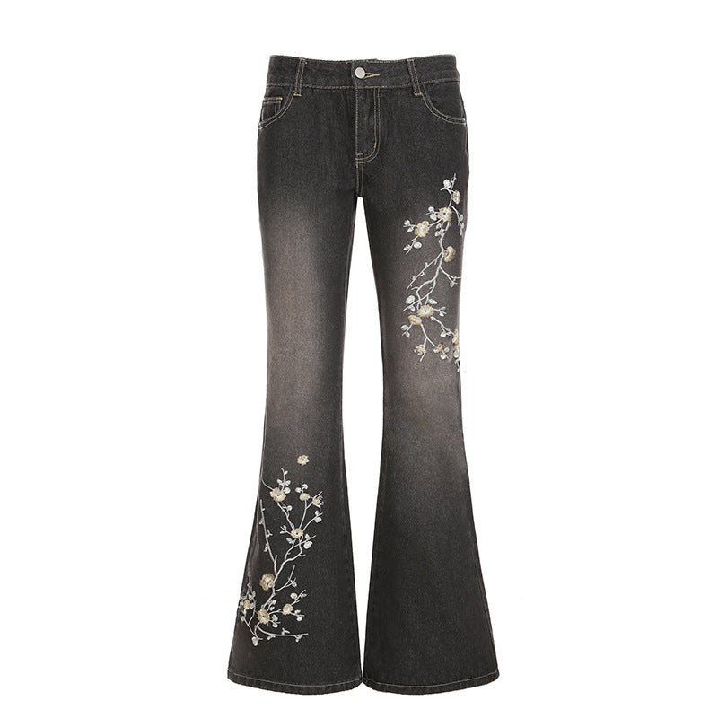 Denim-style Casual Pants With Floral Embroidery