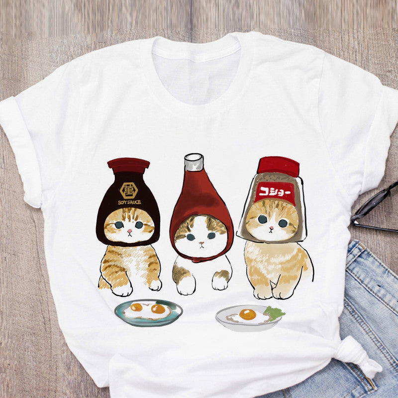 Personality Cute Cat Print Fashion Girlfriends Couple T-shirt