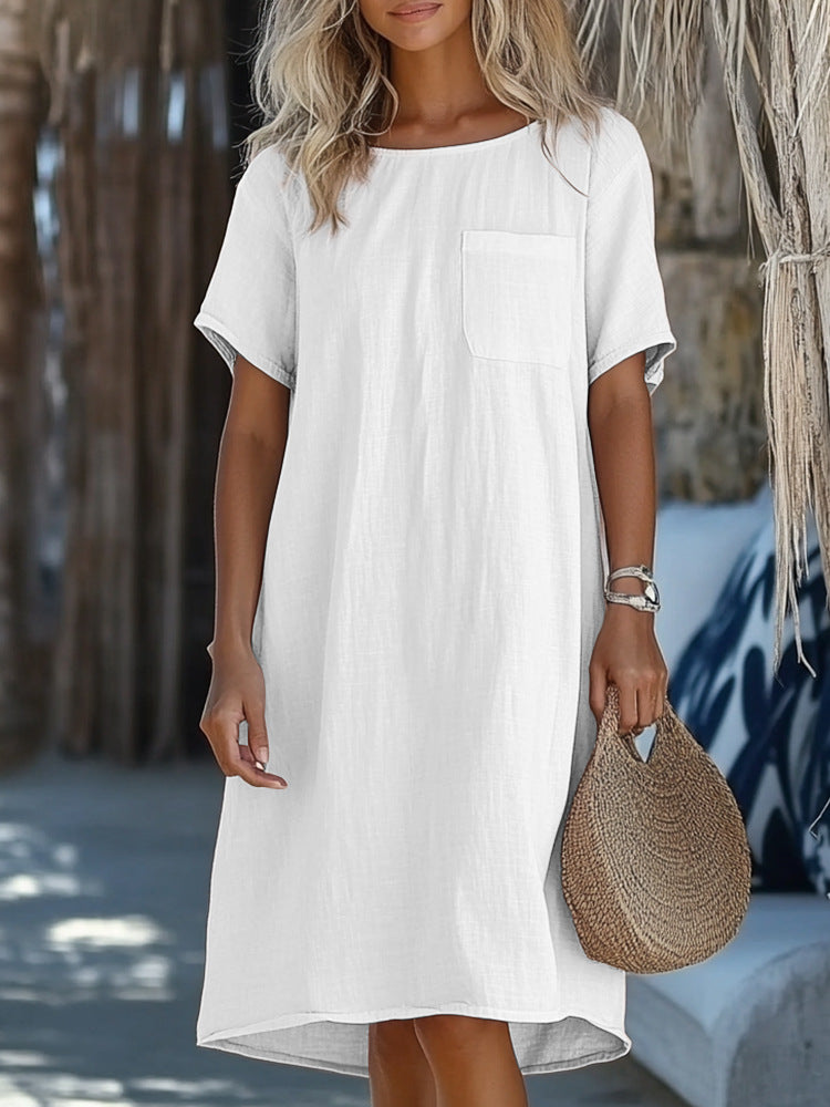 New Womens Casual Solid-color Multi-color Short-sleeve Crew-neck Pocket Dress
