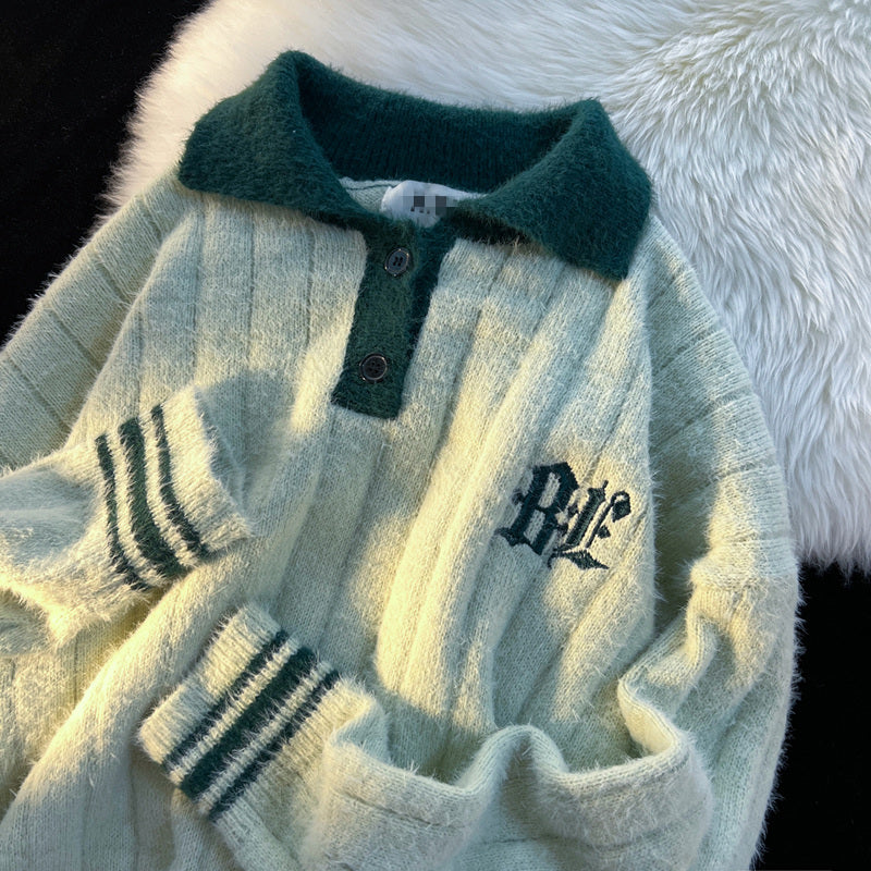 Soft Cream Retro Polo Neck Sweater Loose Small Crowd