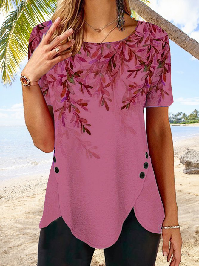 Placed Print Buttons Irregular Hem Crew Neck Short Sleeves