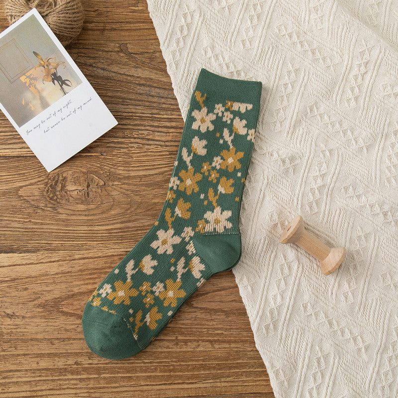 Retro-style Small Floral Ladies' Socks With High Tubes And Piles