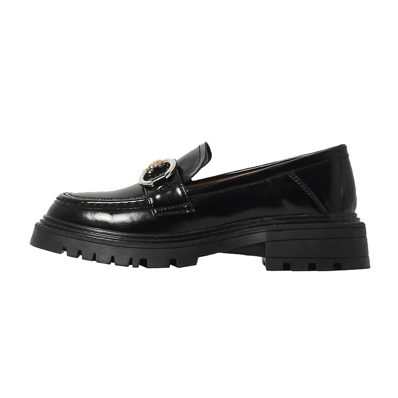 Leather British Style Small Leather Women Thick Heel Flat Slip On Shoes