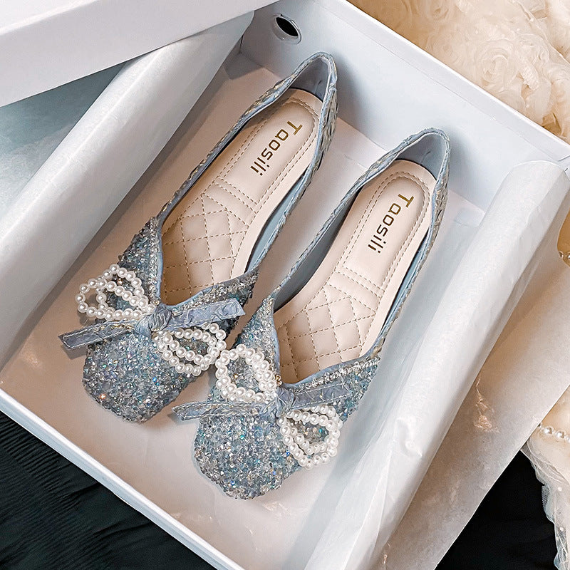 New Square Toe Flats Classic Style Rhinestone Pearl Shoes