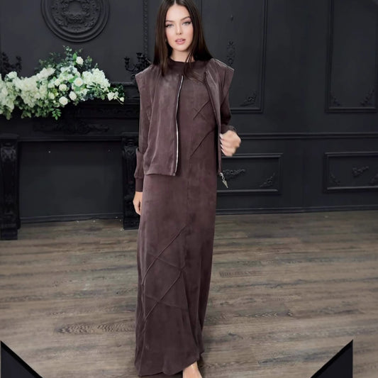 New Zip-up Cardigan Jacket And Long-sleeve, Irregular-texture Maxi Skirt Set