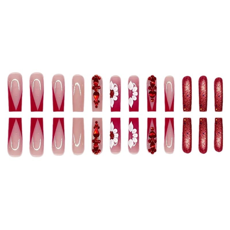 Sweet Flowers Temperament Prismatic Red Diamond Removable Fake Nails