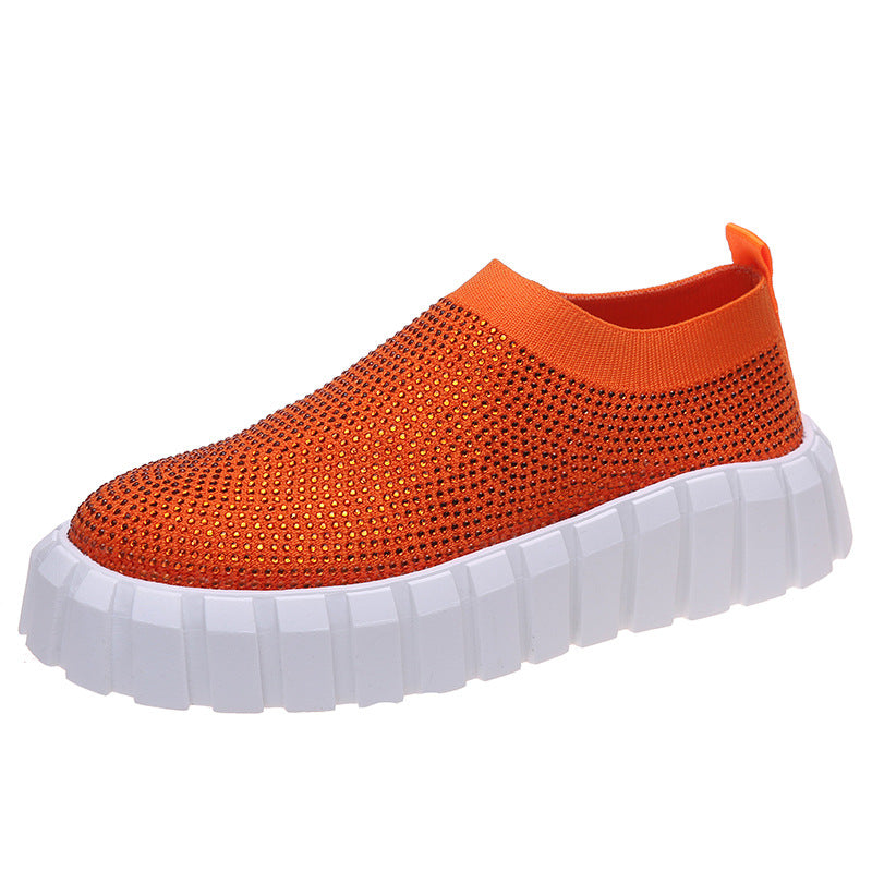 Large Size Thick Bottom Rhinestone Solid Color Mesh Casual Shoes