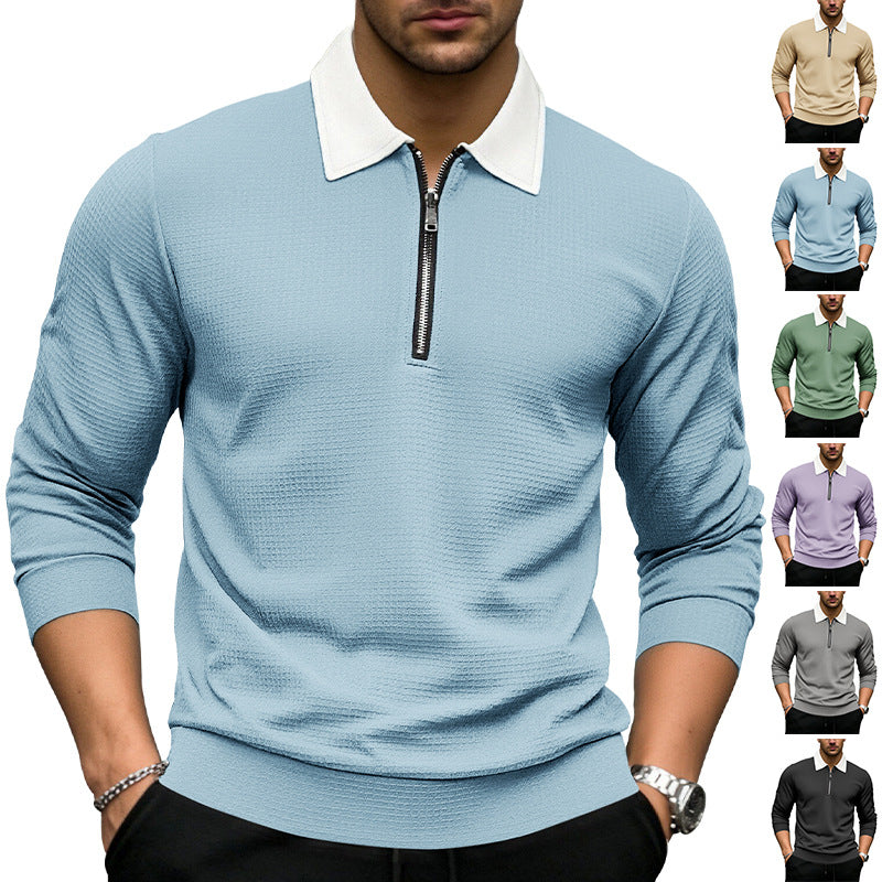 Solid-color Waffle-knit Long-sleeve Lapel Zip-up Shirt