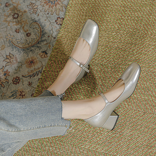 Square Toe Patent Leather Buckle With Pearl Mary Jane Shoes Women