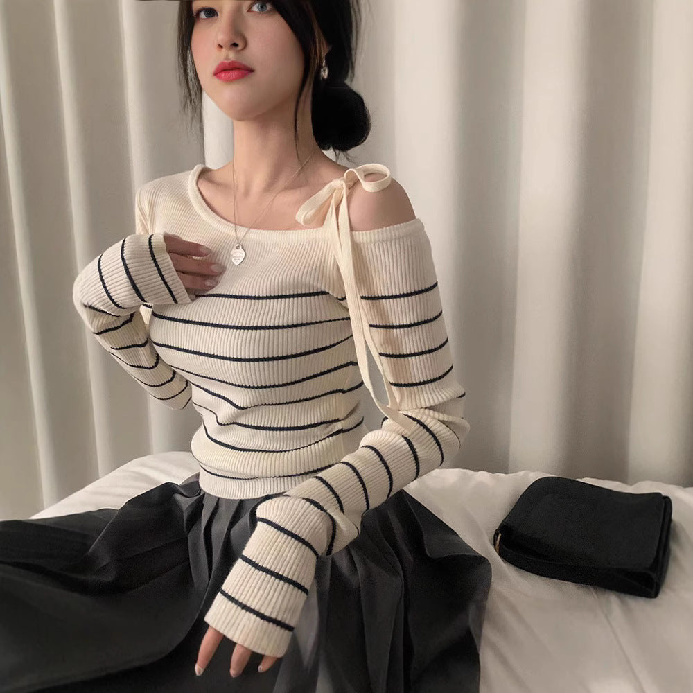 Casual Diagonal Collar Off-the-shoulder Strap Striped Color Matching Sweater Top