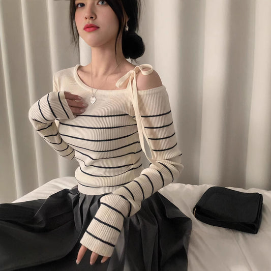 Casual Diagonal Collar Off-the-shoulder Strap Striped Color Matching Sweater Top