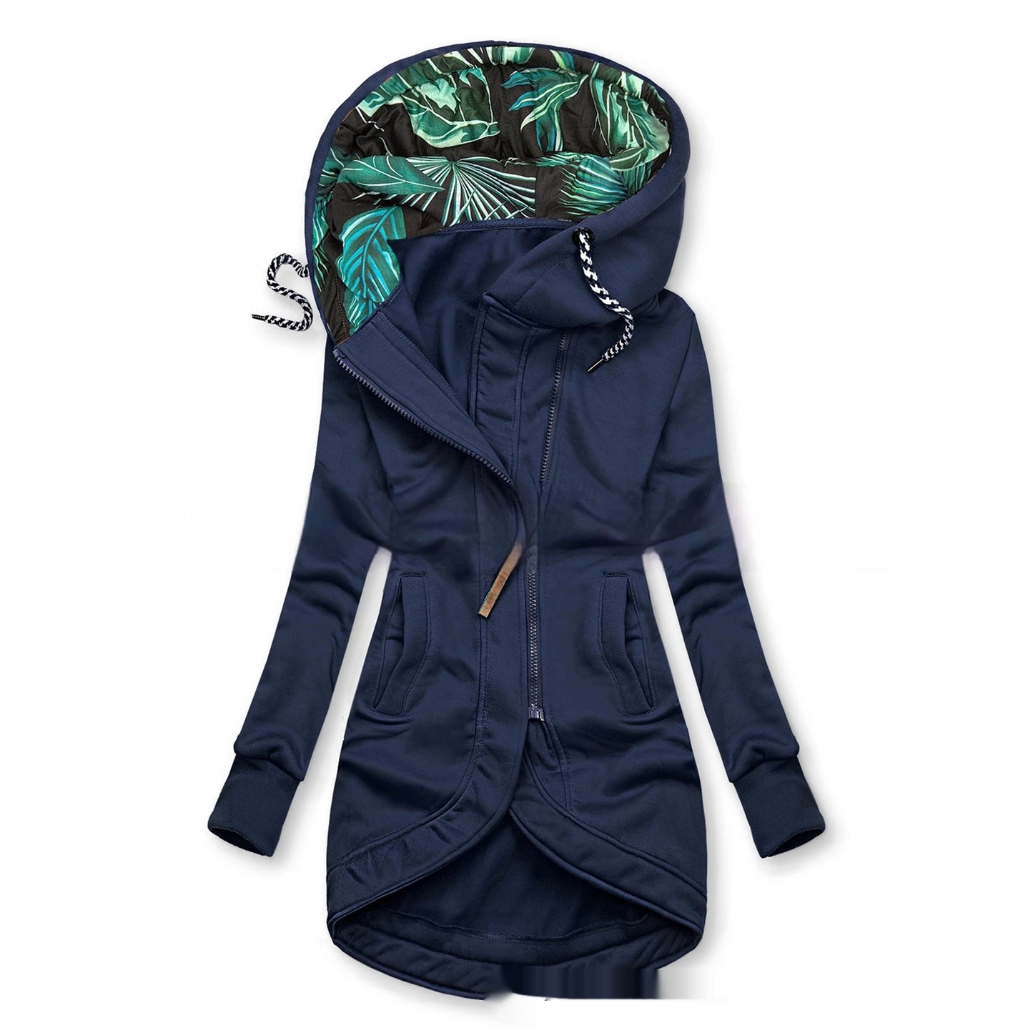 Womens Solid-Color Zip-Up Hoodie With Print And Long Sleeves