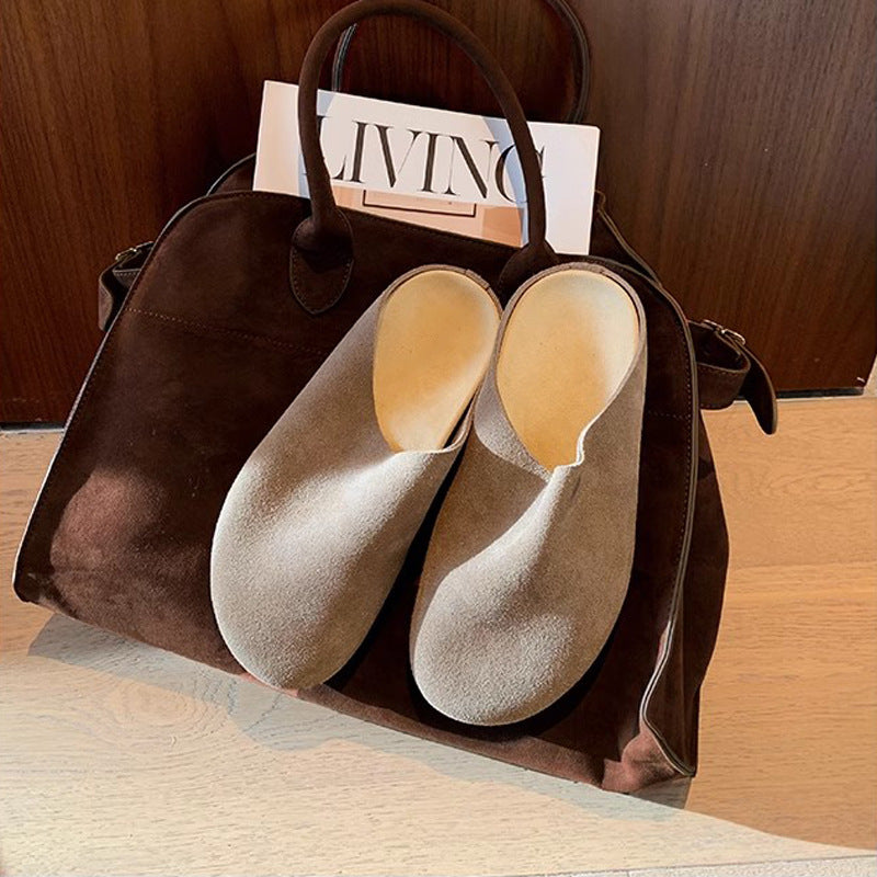 Soft And Genuine Leather Surface Slip-on Thick-soled Large Toe Half Slippers