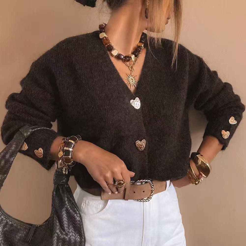 Loose Metal Buckle Sweater Cardigan Coat Women
