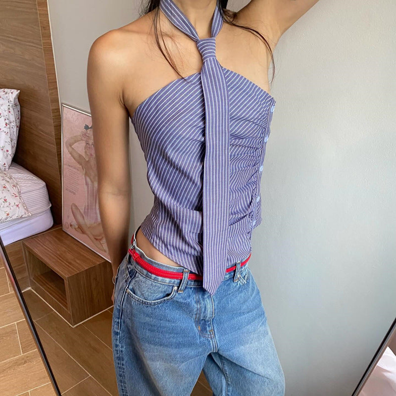 Irregular Striped Printed Tie Design Halter Vest