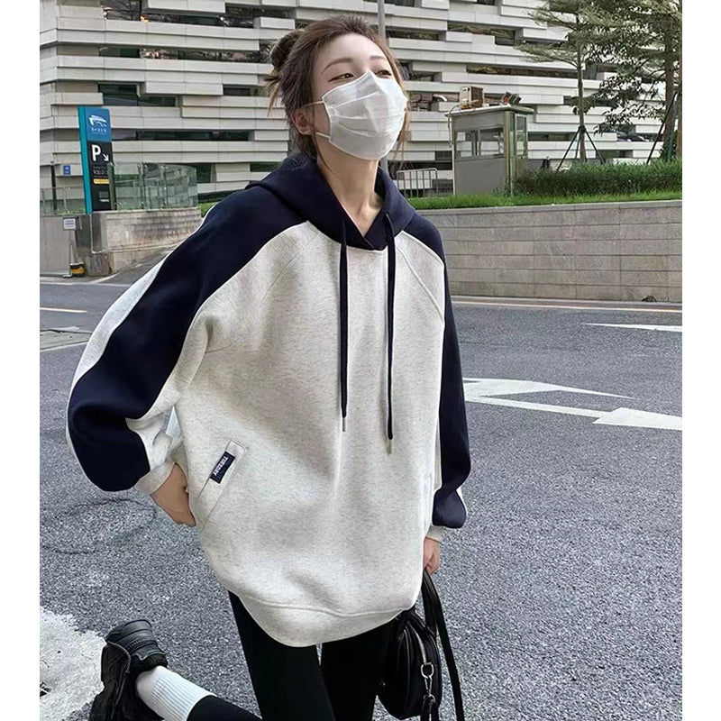 Retro Hooded Contrast Color Sweatshirt Women's Baggy Coat