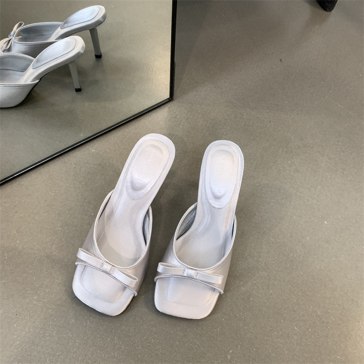 French-style Sophisticated Bow-tie Square-toe Open-toe Stiletto Sandals For Women