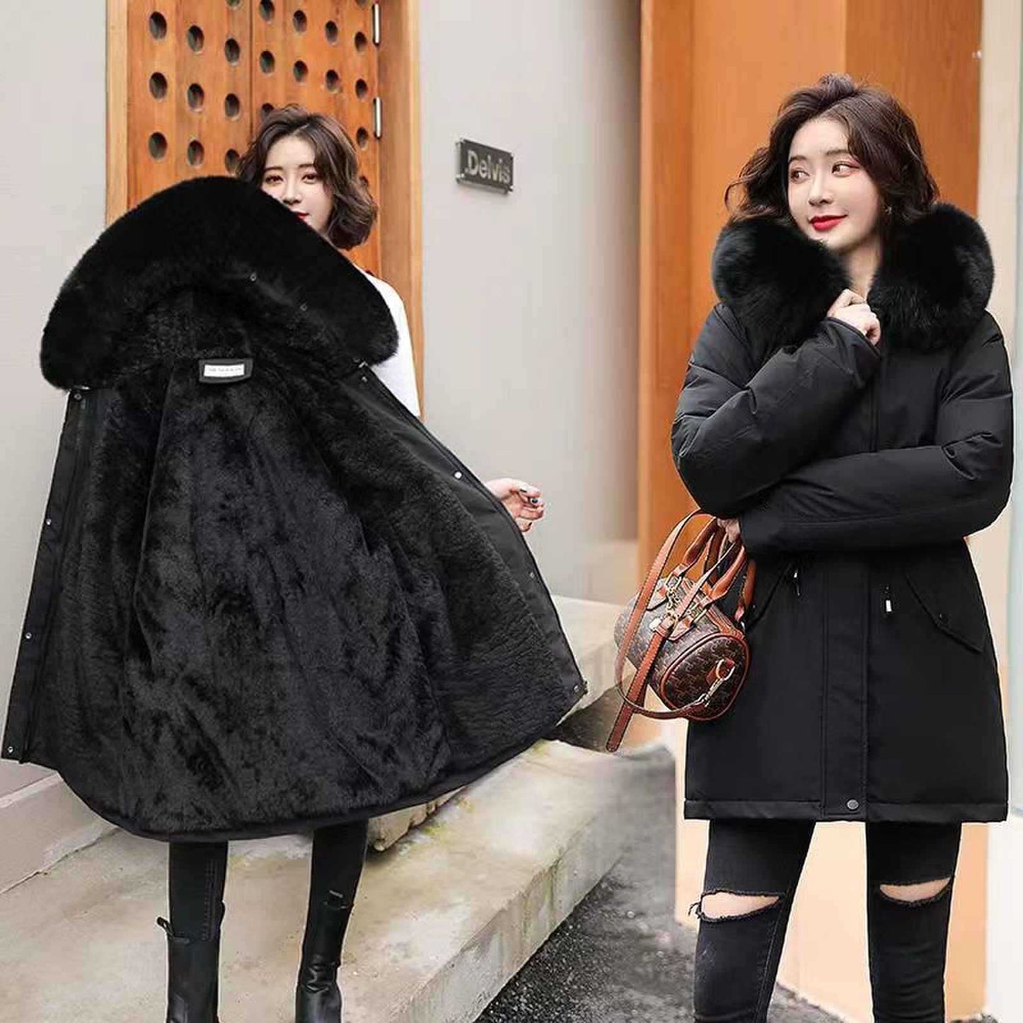 Long Style Large Fur Collar Fleece Lined Cotton Jacket Down Cotton Coat Outerwear