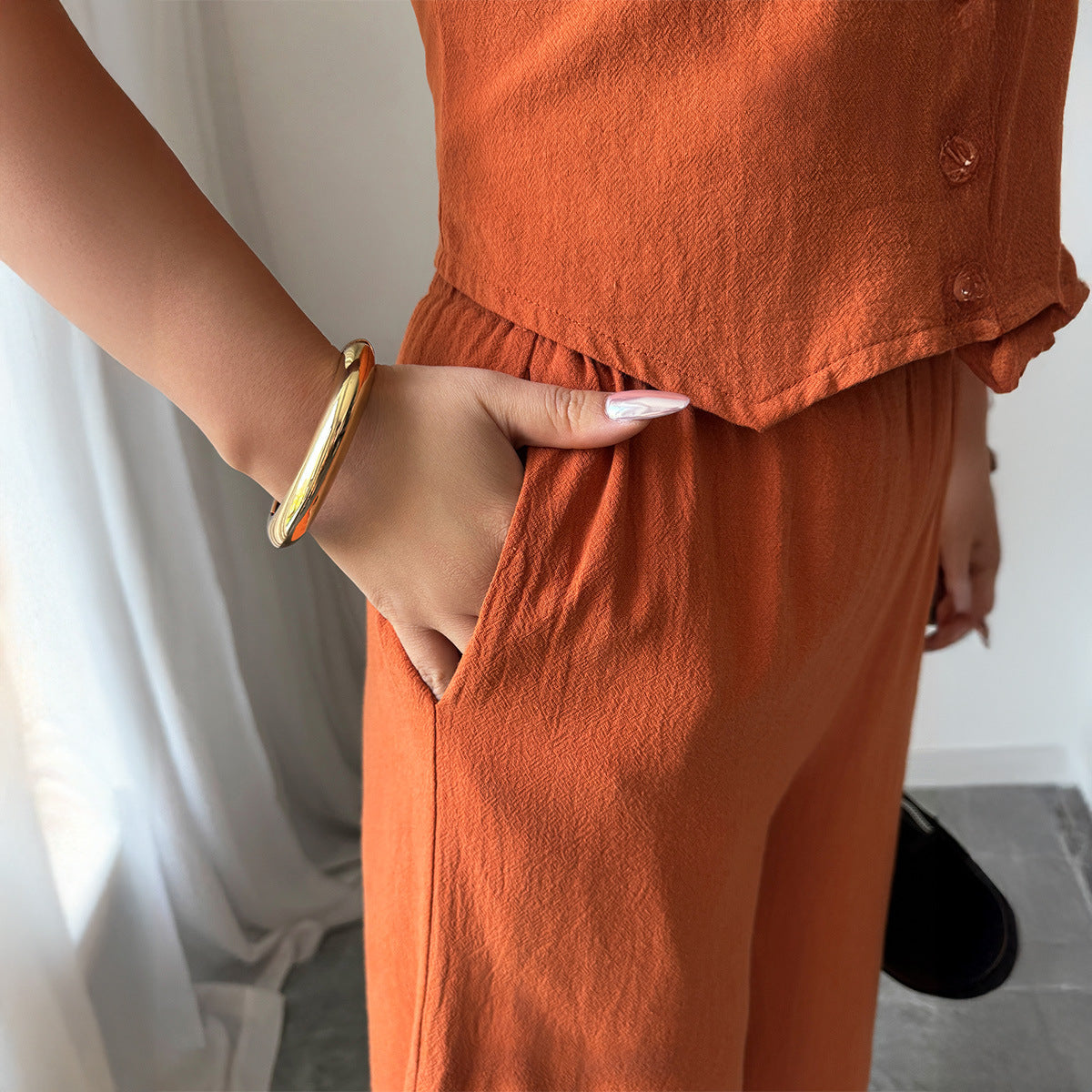 Simple Sleeveless Wide-leg Pants Two-piece Set For Women