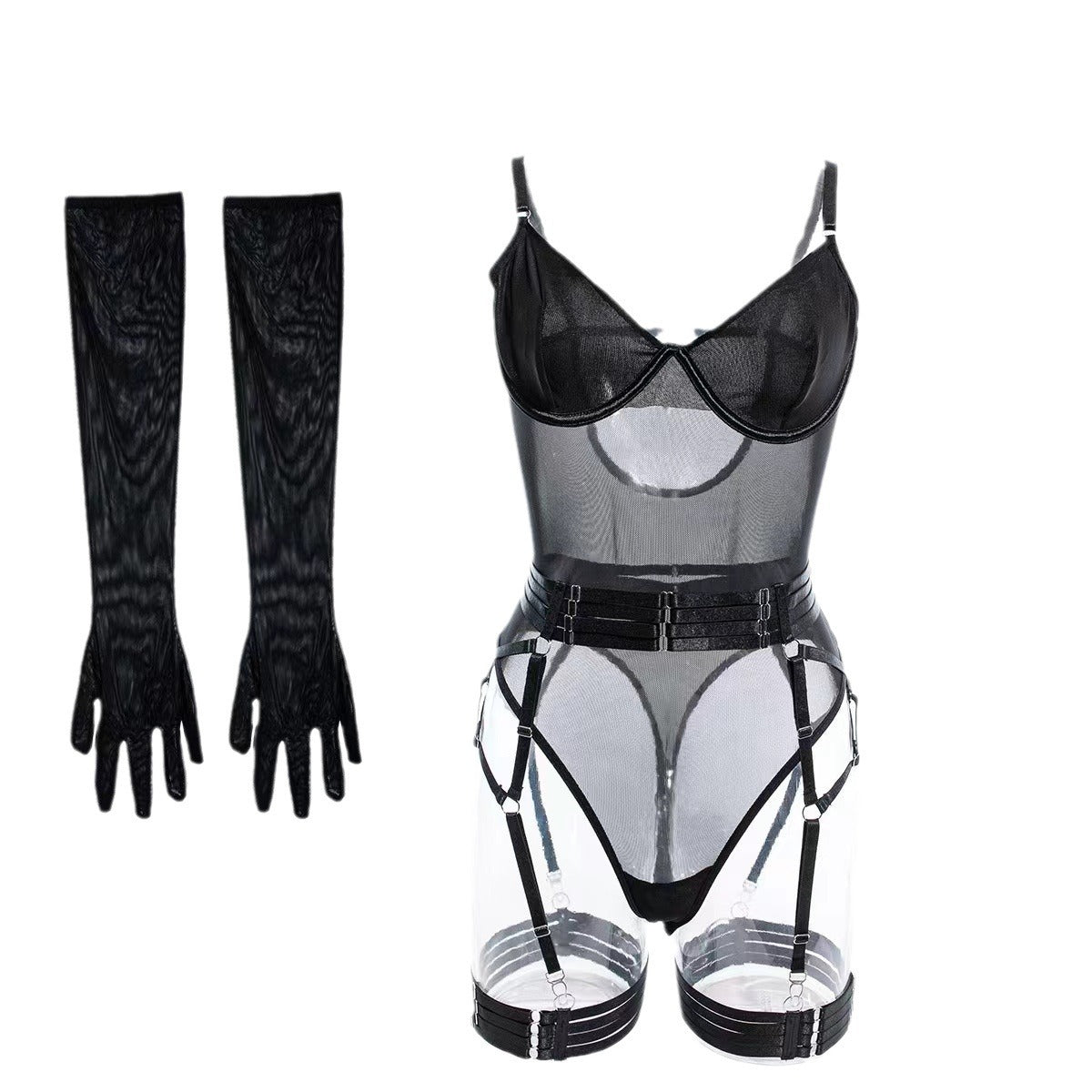 See-through Sexy Jumpsuit Mesh Stitching Bra Assembly Gloves