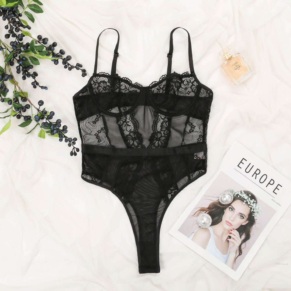 Womens Sheer Lace-trimmed Polyester Jumpsuit