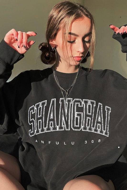 Amerikansk Retro Sort Bogstavtryk Sweatshirt