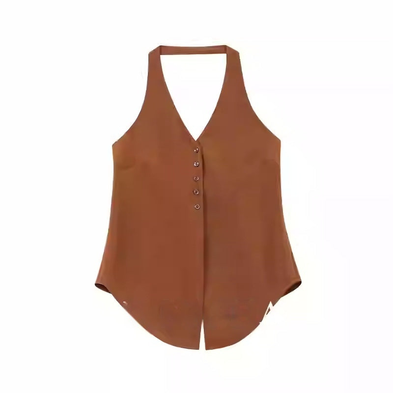 Brown Retro Spaghetti Straps Vest Double Breasted Suit Coat Set