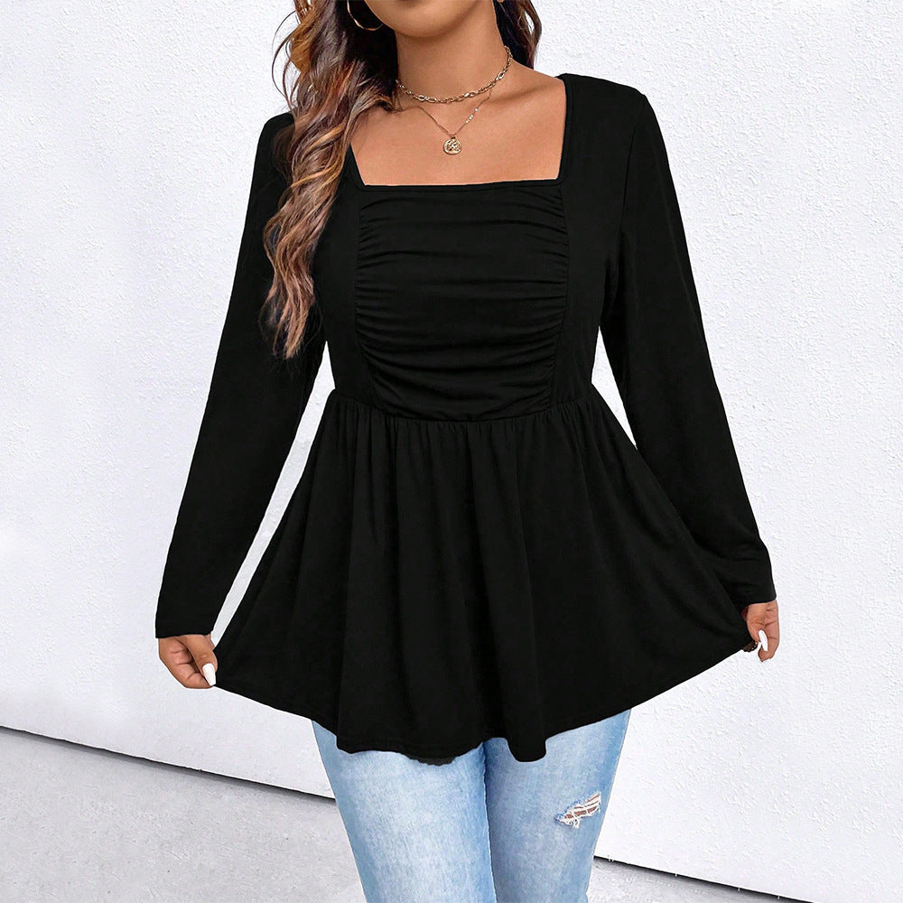 Women's Square-neck Knit Long-sleeve Loose Waist-slimming Solid-color Top
