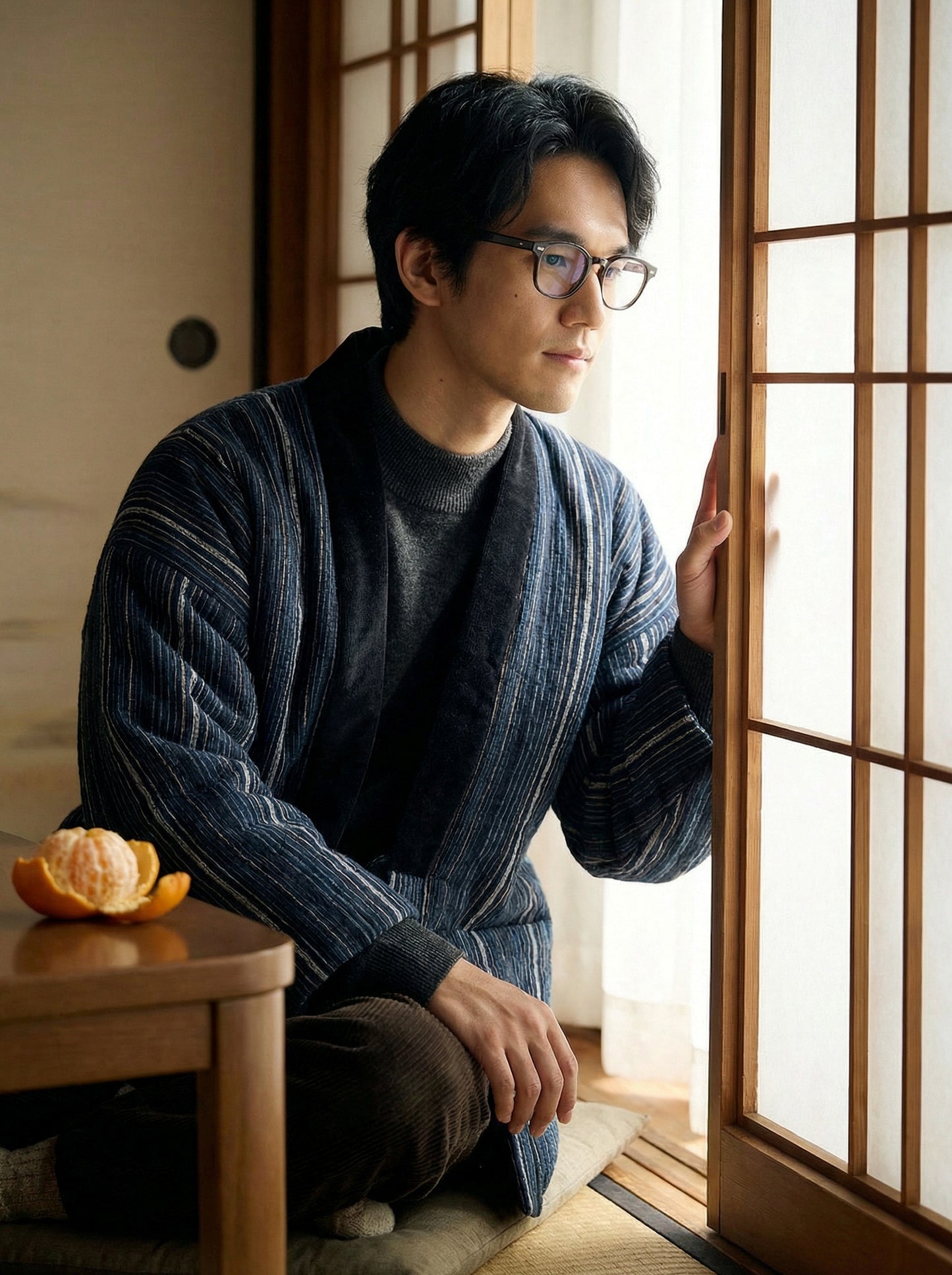 Men's Haori-Style Autumn Winter Quilted Jacket - Japanese Kimono Coat, Striped Loungewear, Indoor Wear. Lightweight Thermal Japanese Style Cotton Coat
