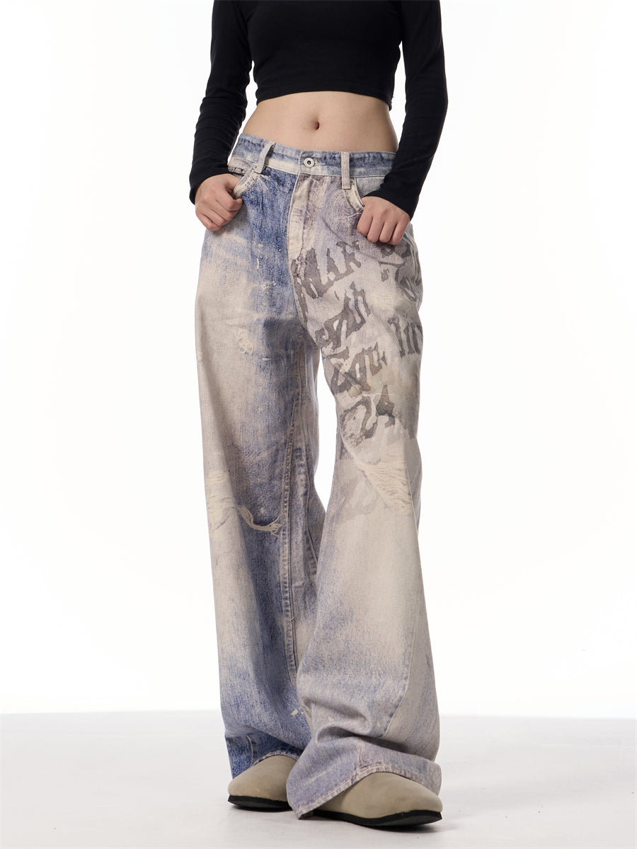 Printing Gradient Letter Printed Jeans Long Pants 3D