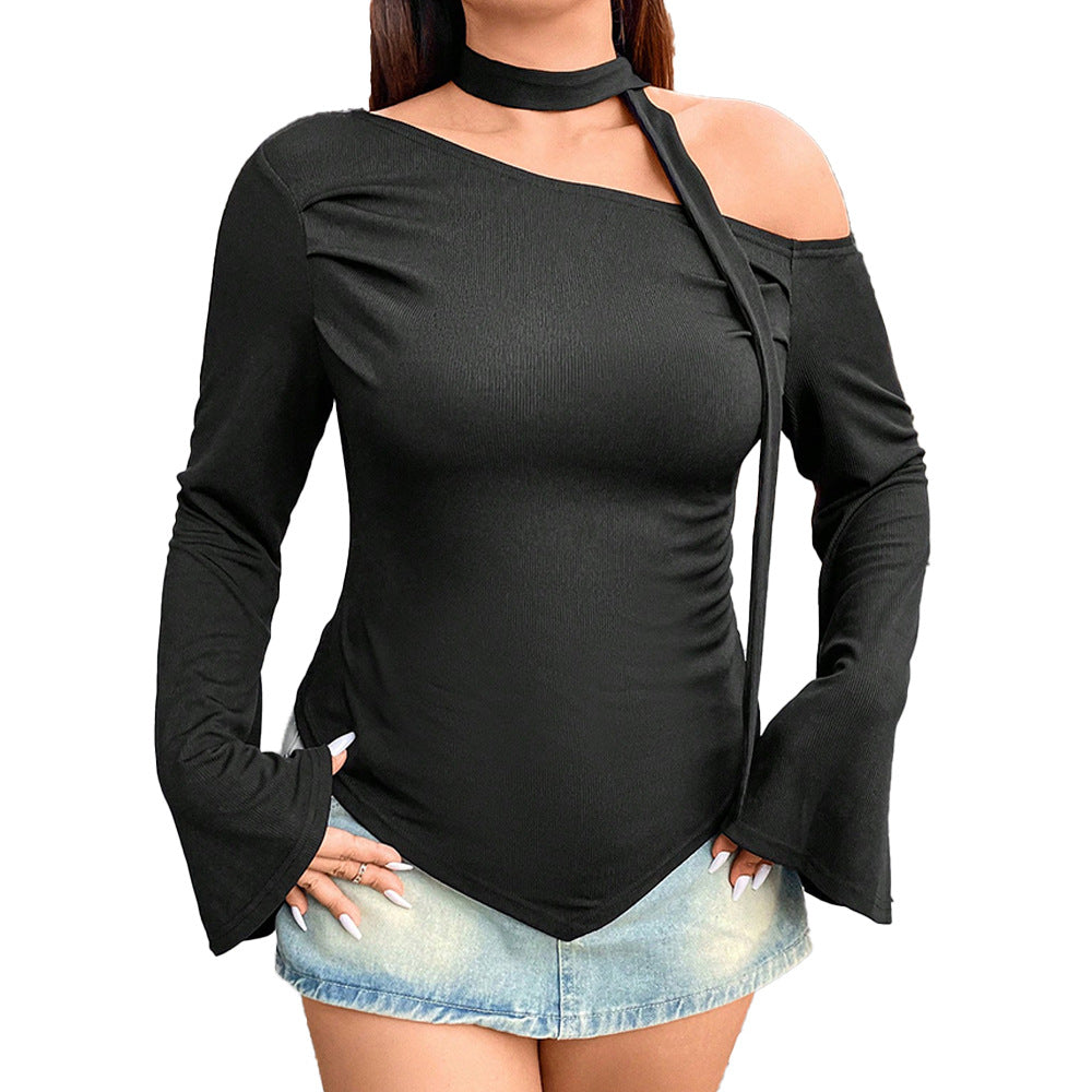 Dame, uregelmæssig, langærmet, kort, figursyet off-shoulder top