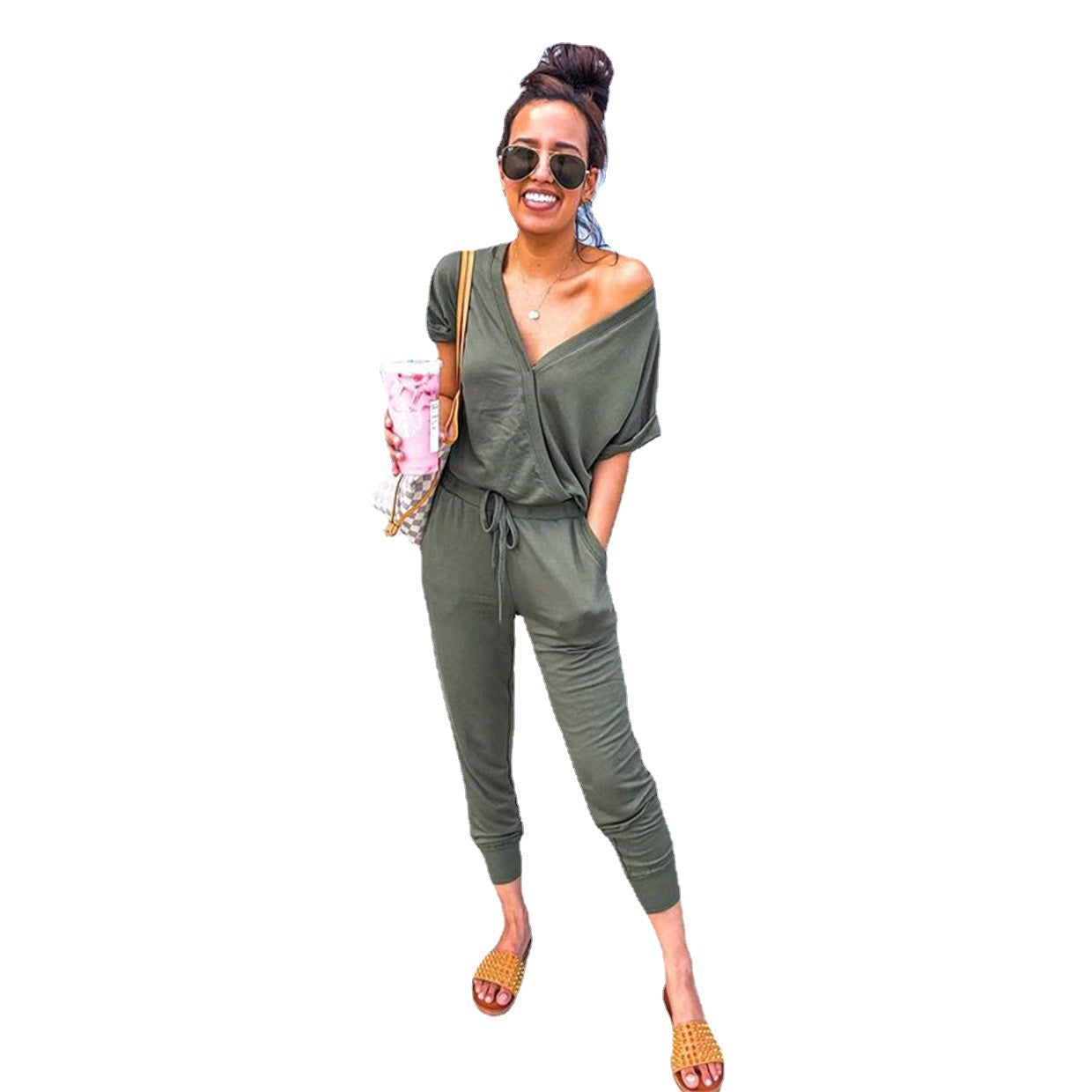 Women's Fashion Casual V-neck Fitted Waist Jumpsuit