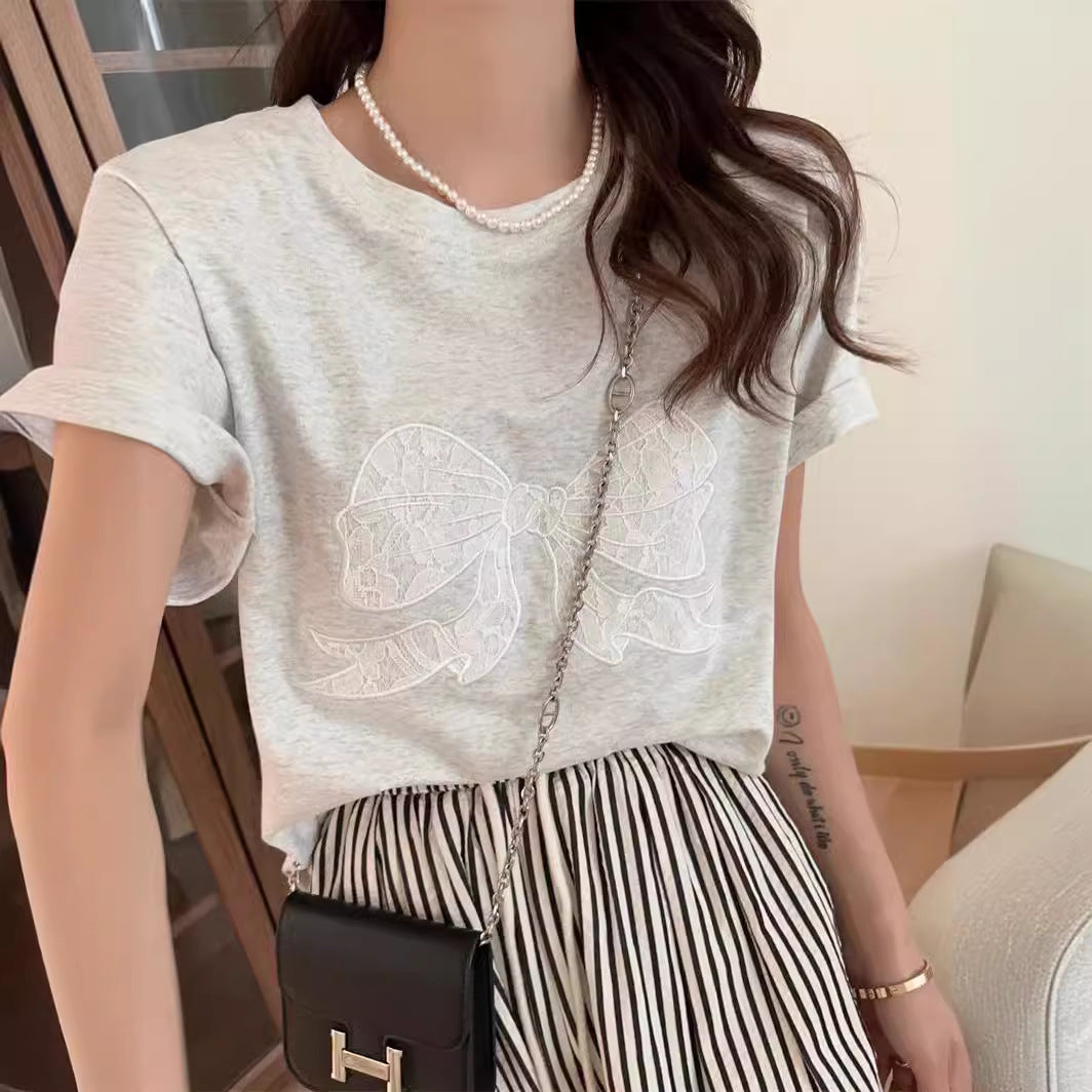 Base Cotton Water-washing Embroidery Bow Student Short Sleeve