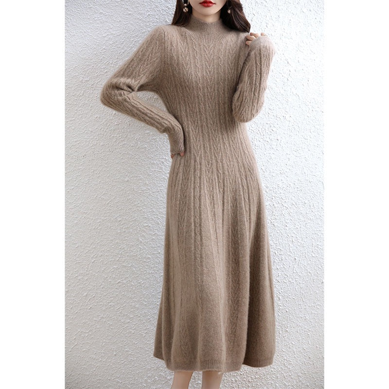 Base Skirt Paired With A Dress Featuring A High-neck Design And A Length Below The Knee