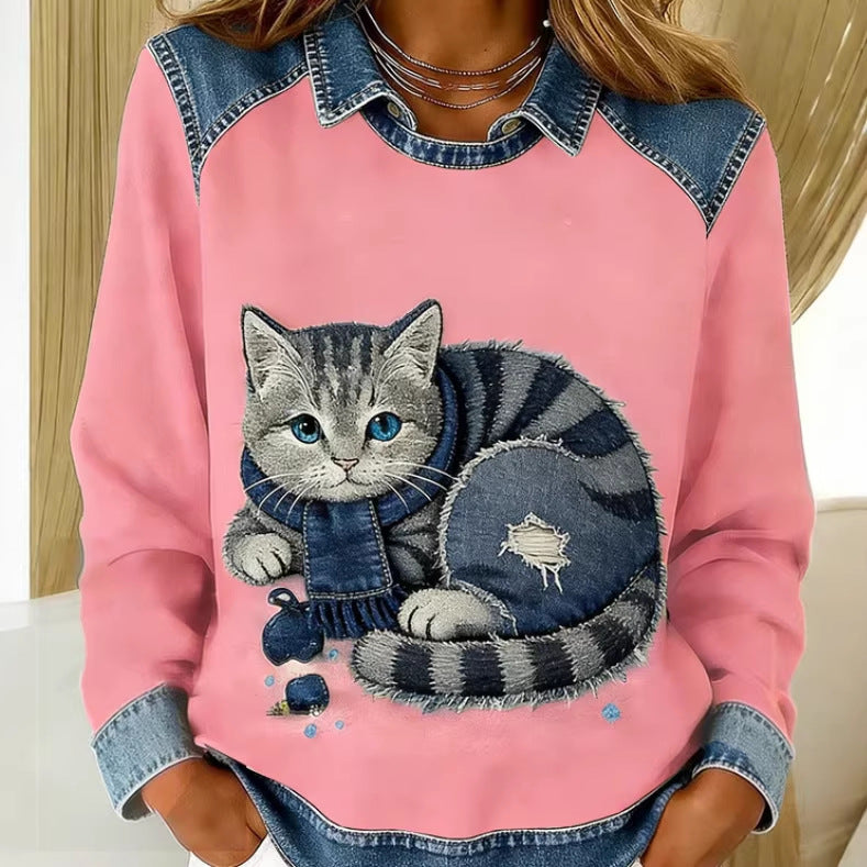 Womens Denim Crew-Neck 3D Digital Print V-Neck T-Shirt
