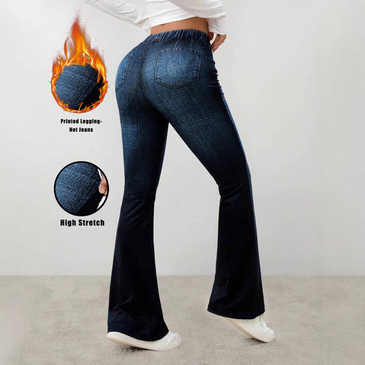 Womens Faux Denim High-waisted Flared Pants With A Printed Design