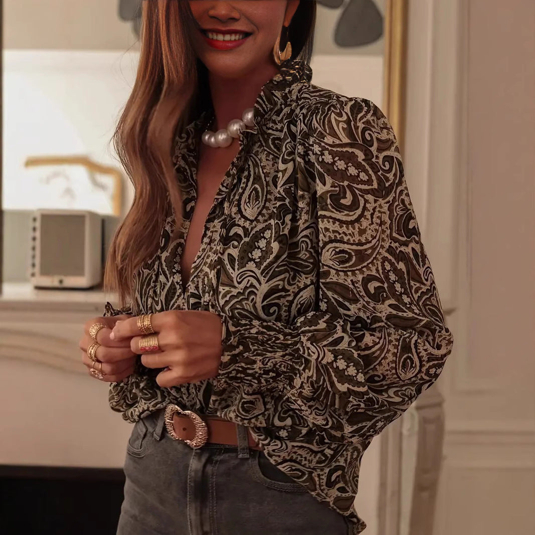 Retro Print Long Sleeve Shirred Loose Shirt For Women