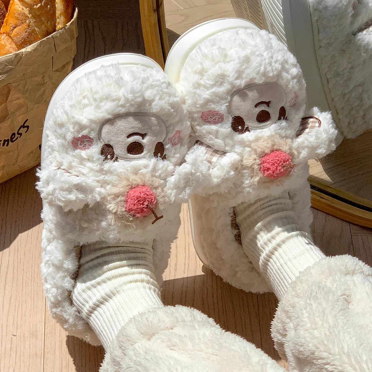 Women's Platform Heel Covered Plush Warm Cherry Bear Cotton Slippers