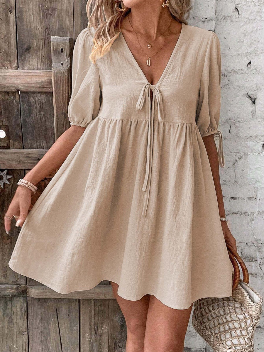 Loose-fit Woven Deep V-neck Designer Tie-front A-line Dress